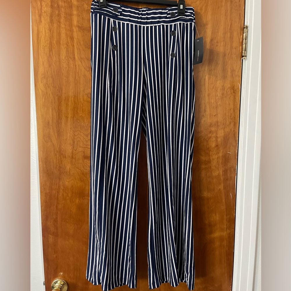 Robert Louis Elastic Waist Long Pants Navy & White Pockets Button Accents Small